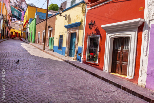 Red Pink Colorful Houses Narrow Street Guanajuato Mexico © Bill Perry