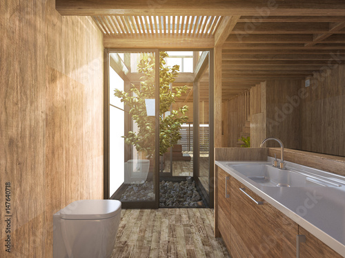 Photography 3d rendering wood bathroom near japanese zen rock garden in wood house