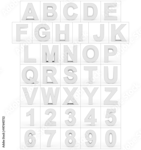 letters and numbers 3d white isolated on white