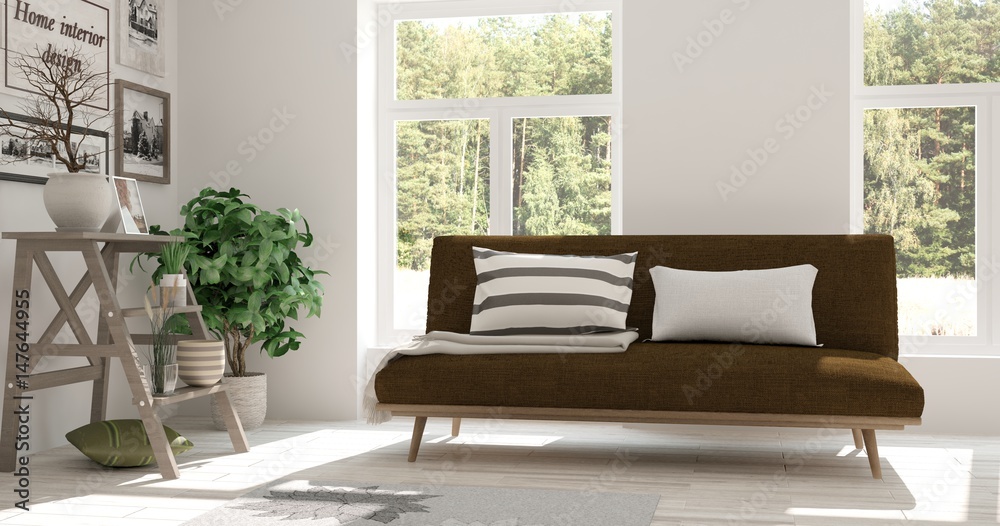 Fototapeta premium White room with sofa and green landscape in window. Scandinavian interior design. 3D illustration
