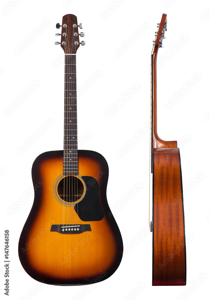 Naklejka premium classic musical instrument wooden six-string guitar isolated on white background