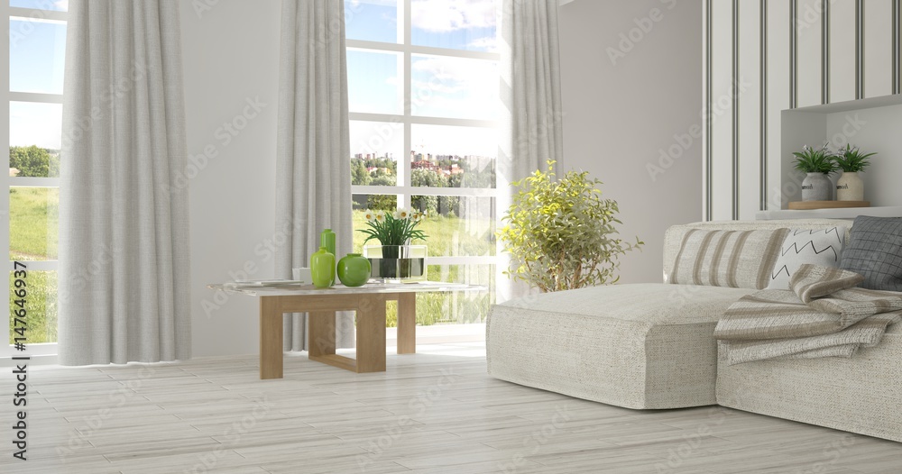 Fototapeta premium White room with sofa and green landscape in window. Scandinavian interior design. 3D illustration