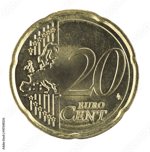 20 euro cents coin isolated on white background. Macro image. European cash pocket money. photo