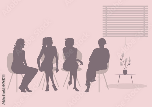 Group of four women sitting together talking together. Silhouettes vector illustration