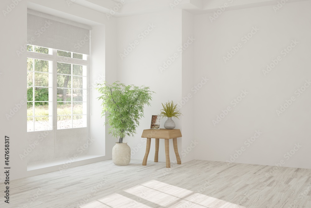Fototapeta premium White empty room with green landscape in window. Scandinavian interior design. 3D illustration