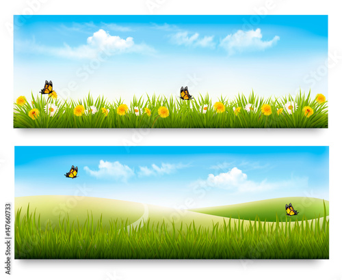 Two spring meadow banners with grass and flowers. Vector.
