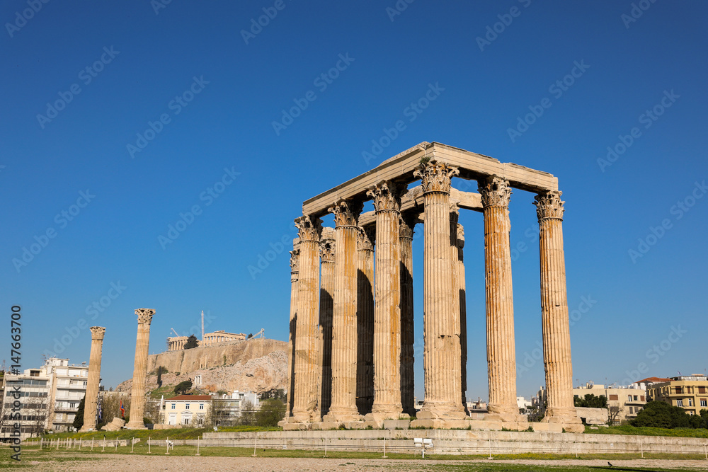Temple of Olympian Zeus and Acropolis Hill, Athens, Greece.