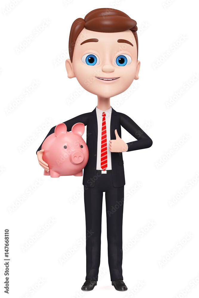 Young businessman with piggy bank on white background. 3d render illustration.