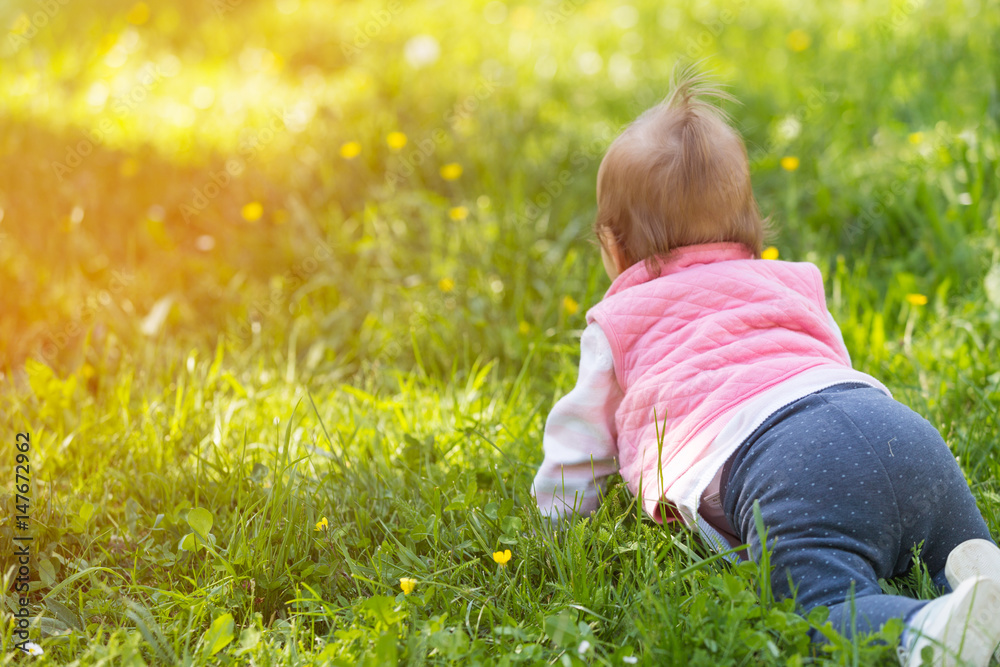 One year old baby crawling in the grass facing away from the camera