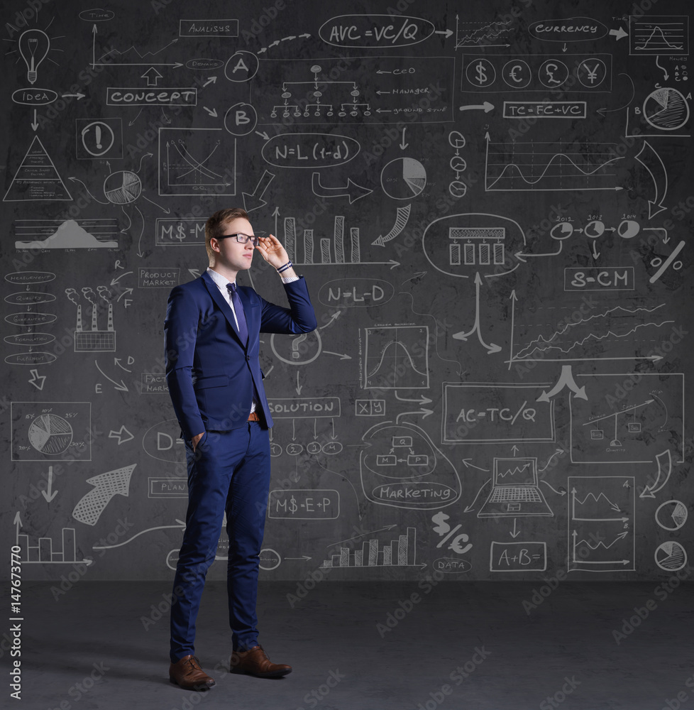 Businessman standing on a schematic background. Business and office, concept. Businessman standing on a schematic background. Business and office, concept.