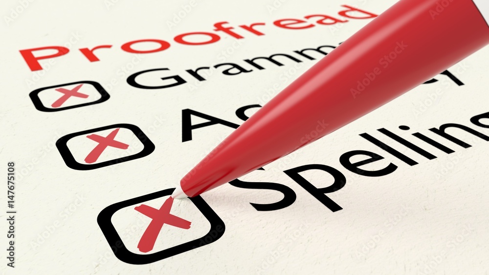 Checklist of proofreading characteristics grammar accuracy and spelling on paper crossed off by a red pen 3D illustration Checklist of proofreading characteristics grammar accuracy and spelling on paper crossed off by a red pen 3D illustration