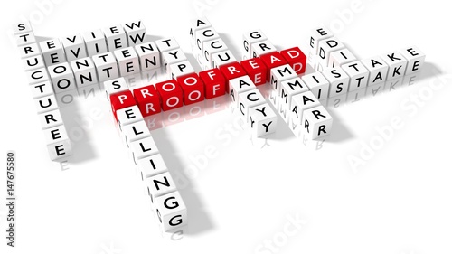 Crossword puzzle showing proofreading keywords as dice