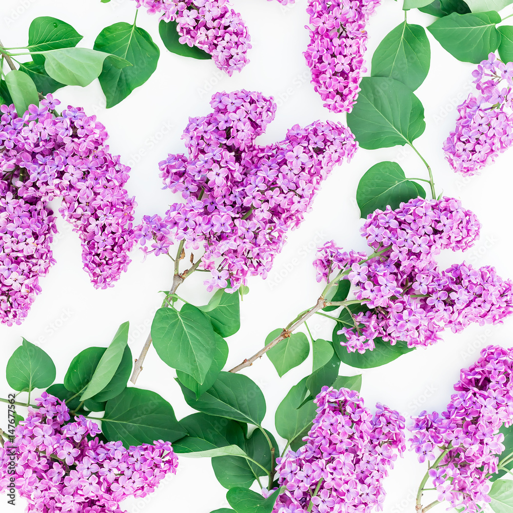 Fototapeta Floral pattern of lilac branches and leaves on pink background. Flat lay, top view. Flower pattern