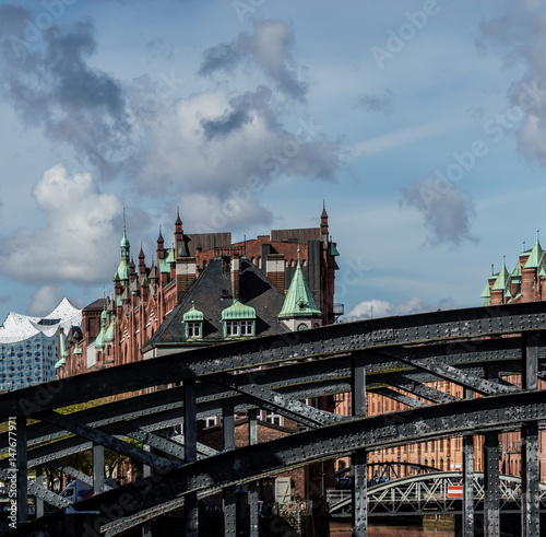 Hamburg, historical storage quarter with Elbe Philharmonic Hall in the background in the Harbor area