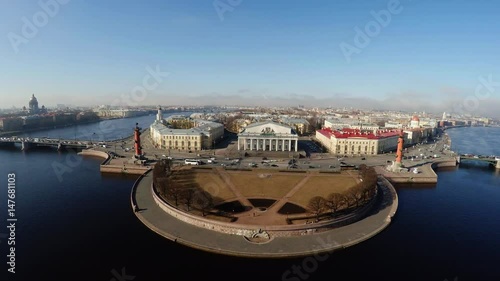 Aerial view. Stock exchange building in St. Petersburg. Rostral columns. 4K. photo