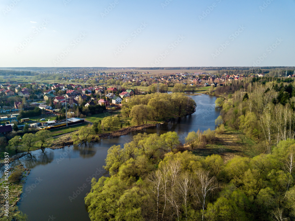 Aerial view of the river. Spring. Russia. New Moscow.