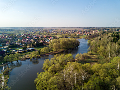 Aerial view of the river. Spring. Russia. New Moscow.