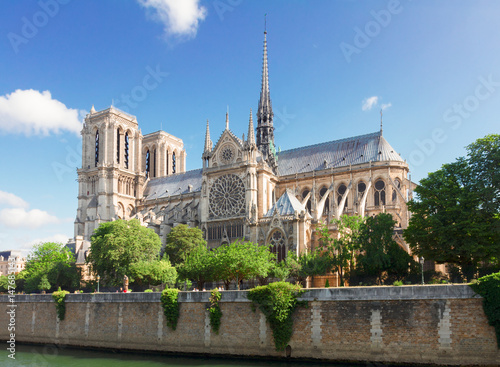 famous Notre Dame cathedral church at summer day, Paris, France