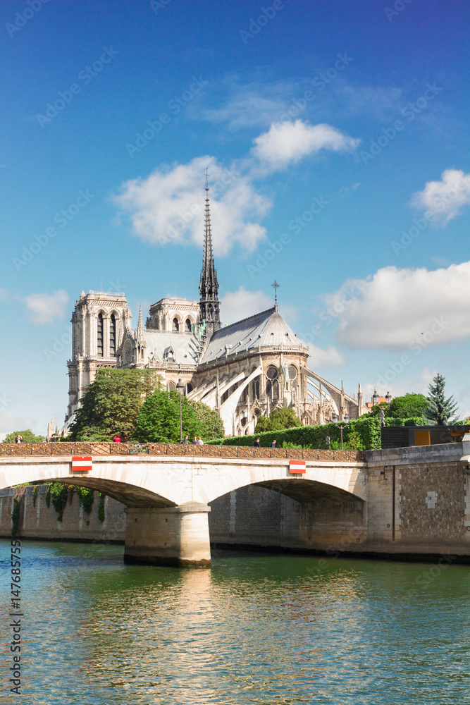 Notre Dame cathedral at summer day with bridge over Seine river, Paris, France