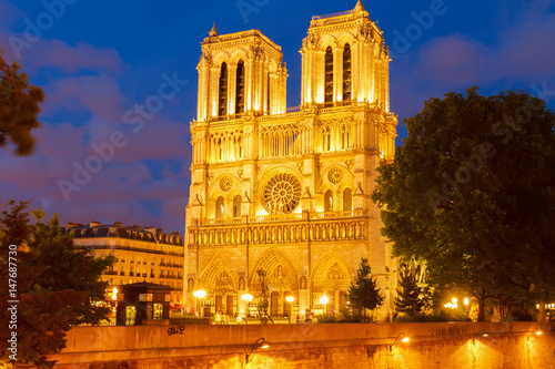 Notre Dame cathedral facade at blue night, Paris, France