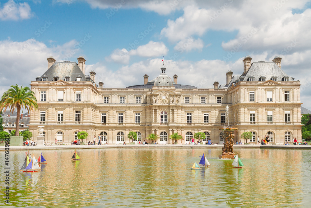 Luxembourg garden and famous pond with boats, Paris, France