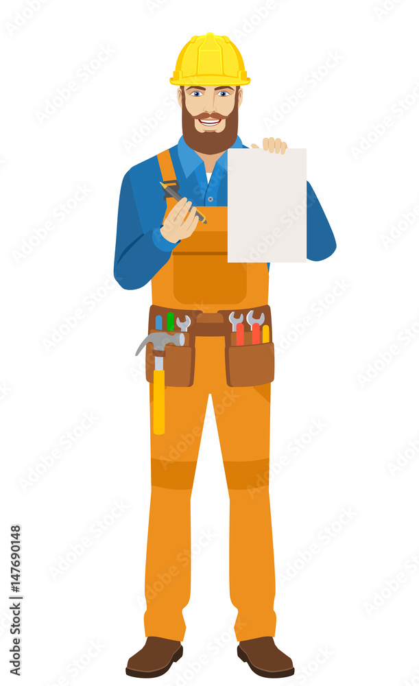 Worker holding a a paper and giving pen for your signature Worker holding a a paper and giving pen for your signature