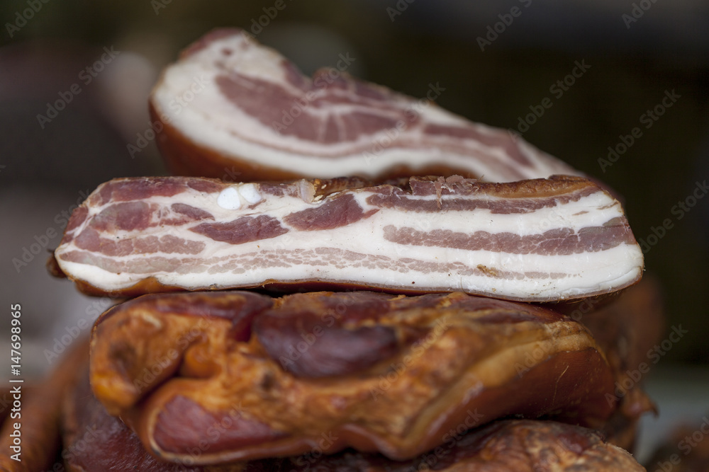 Close up home made smoked bacon Close up home made smoked bacon