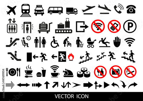 Simple airport icons set. Universal airport icons to use for web and mobile UI, set of basic UI airport elements