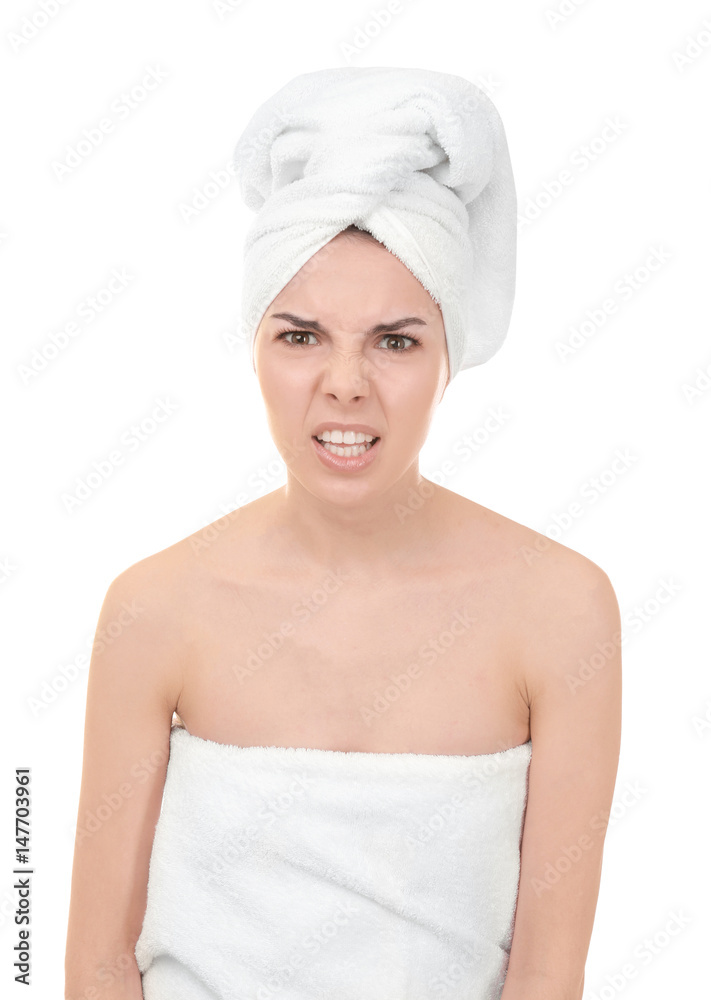 Beautiful young woman after shower on white background Beautiful young woman after shower on white background