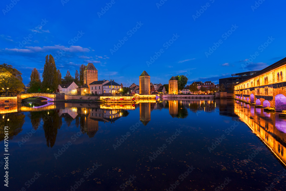 medieval bridge Ponts Couverts and barrage Vauban, night scene of Strasbourg, France