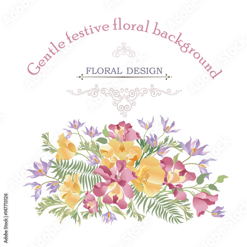 Floral background. Flower bouquet cover. Flourish pattern for greeting card