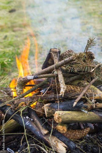 Campfire on the lawn in the forest during a hike