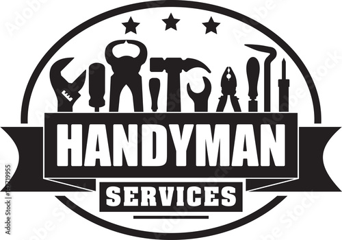 Handyman services vector solid gubber stamp for your logo or emblem with banner and set of workers tools. There are wrench, screwdriver, hammer, pliers, soldering iron, scrap.