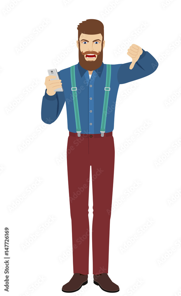 Hipster with mobile phone showing thumb down gesture as rejection symbo Hipster with mobile phone showing thumb down gesture as rejection symbo