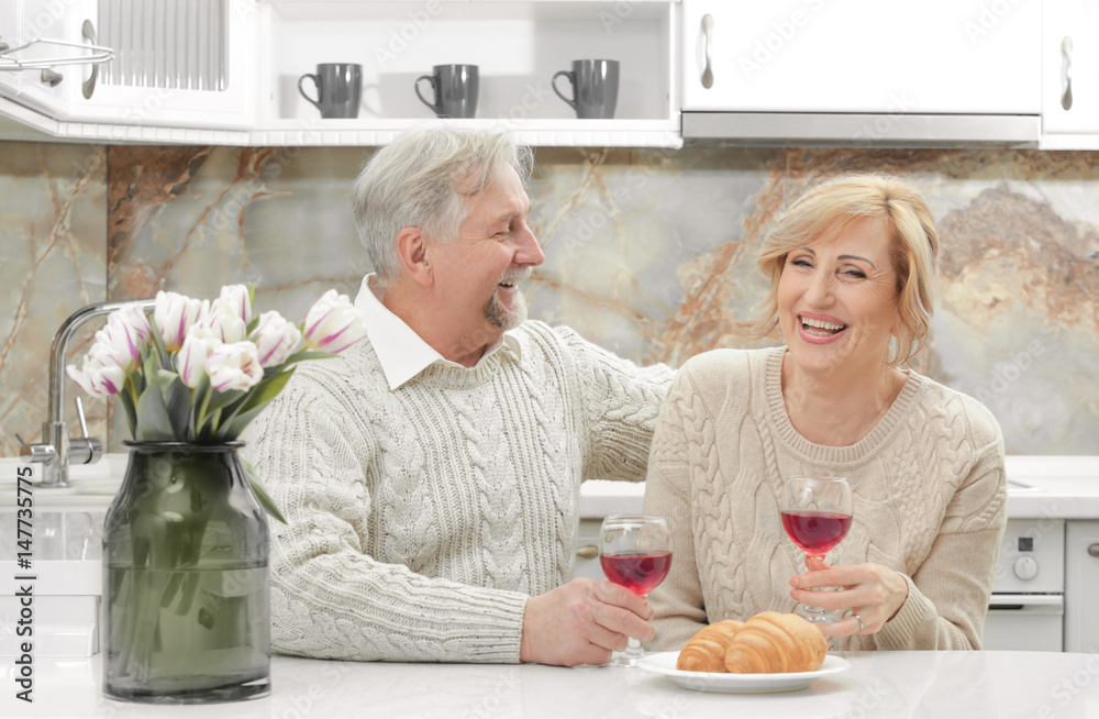 Cute elderly couple drinking wine in kitchen Cute elderly couple drinking wine in kitchen