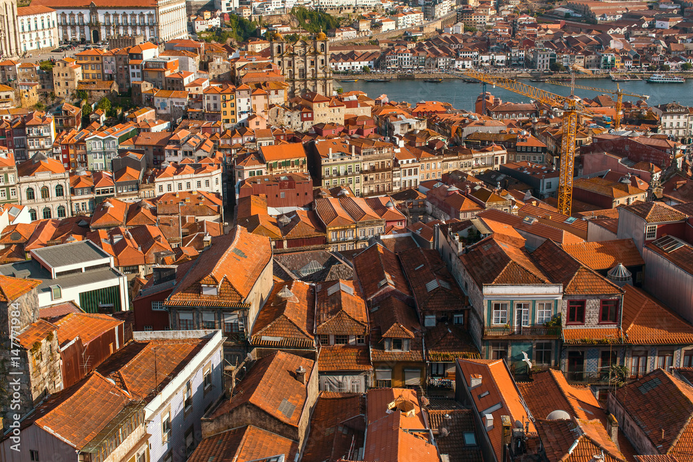 Top view of rooftops old district at Porto, Portugal..