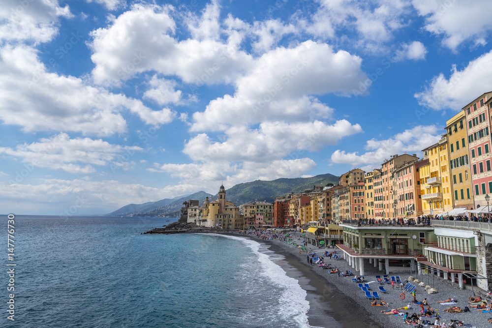 Beach and marina of Camogli, a typical Mediterranean village near Genova, Liguria, Italy