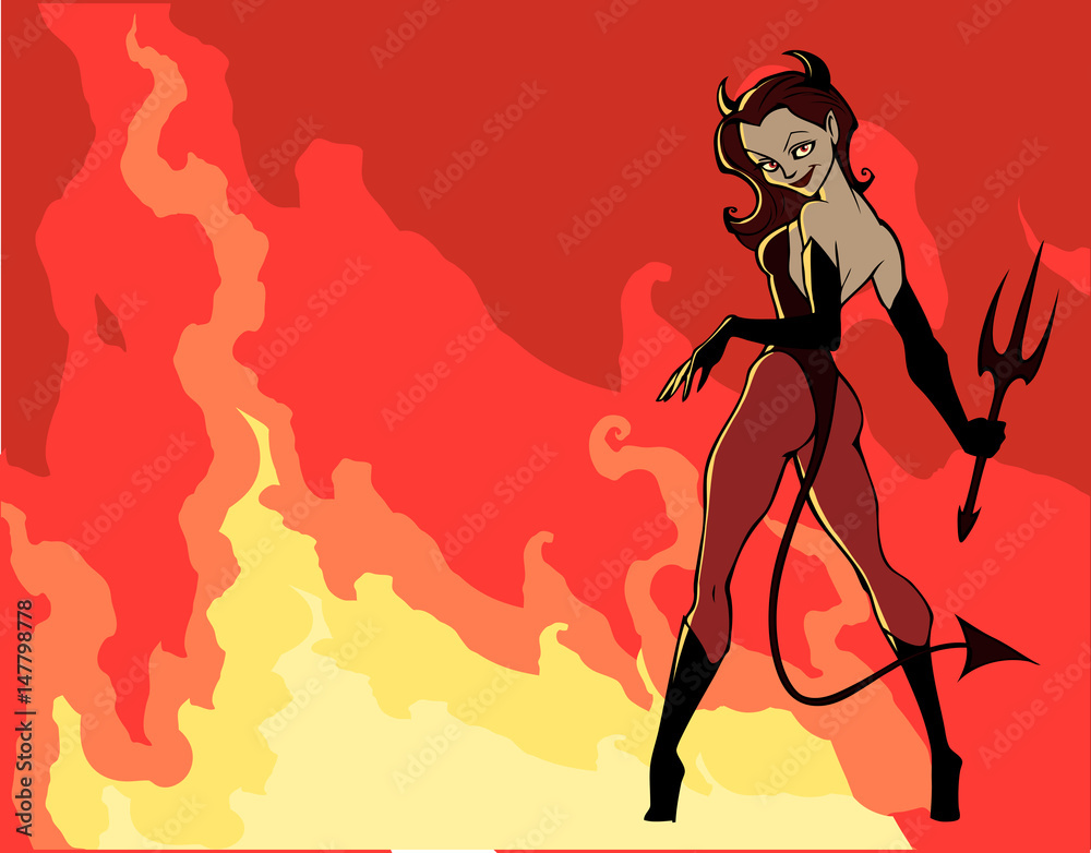 Halloween illustration od a woman wearing devil costume on the fire background Halloween illustration od a woman wearing devil costume on the fire background