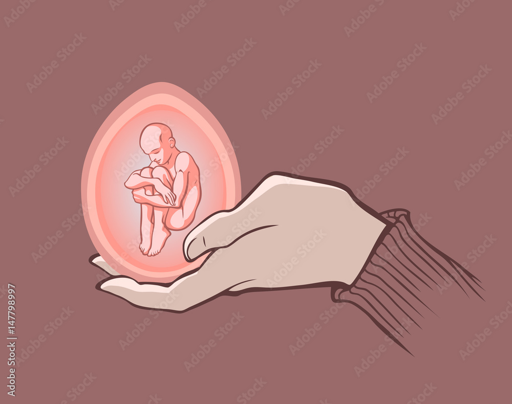 Cartoon illustration of a human hand holding an egg with a person inside Cartoon illustration of a human hand holding an egg with a person inside
