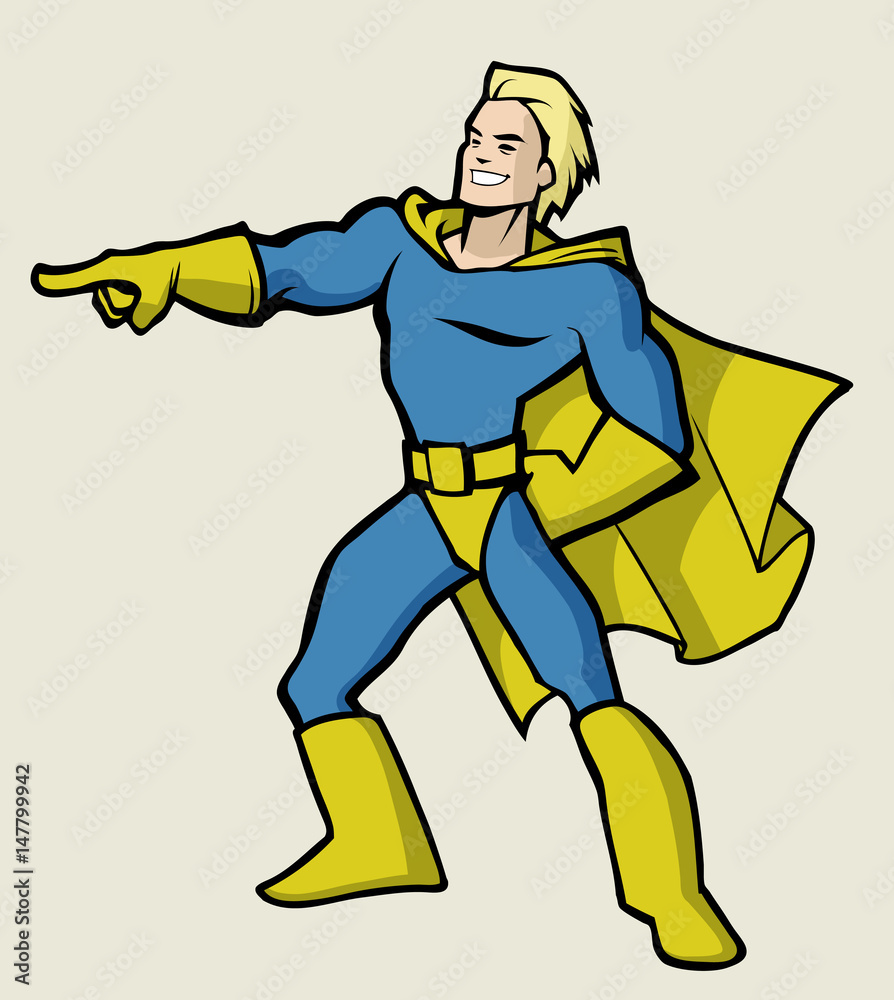 Cartoon illustration of a classic superhero wearing a cape Cartoon illustration of a classic superhero wearing a cape