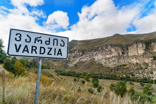 Road sign of Vardzia cave monastery. Georgia