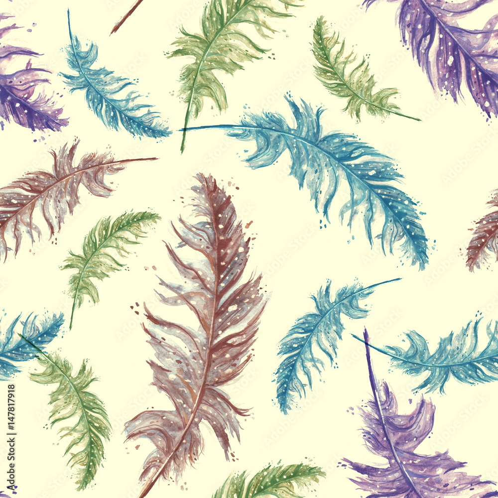Seamless pattern with a watercolor pattern - Colorful bird feather.
Vintage illustration, pink, green blue, purple flowers.