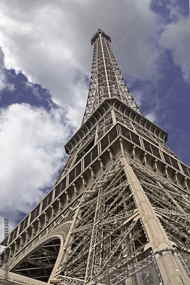 Upward view of Eifel Tower in Paris France