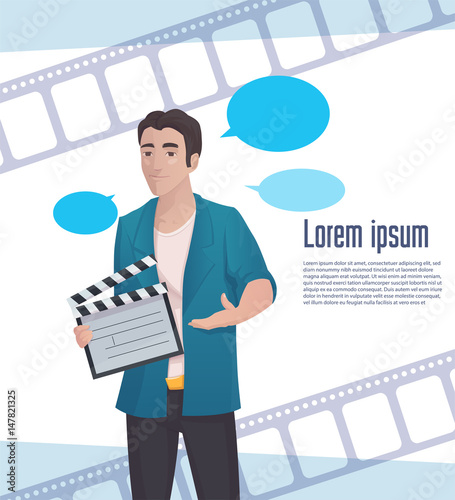 Man Video Blogger with Clapperboard, Online Stream. Vector Illustration 