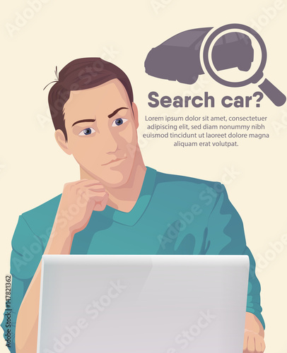 Young man sitting in front of a monitor searches the car. Vector Illustration