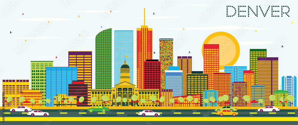 Obraz premium Denver Skyline with Color Buildings and Blue Sky.