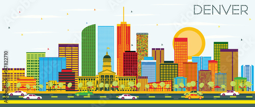 Denver Skyline with Color Buildings and Blue Sky.