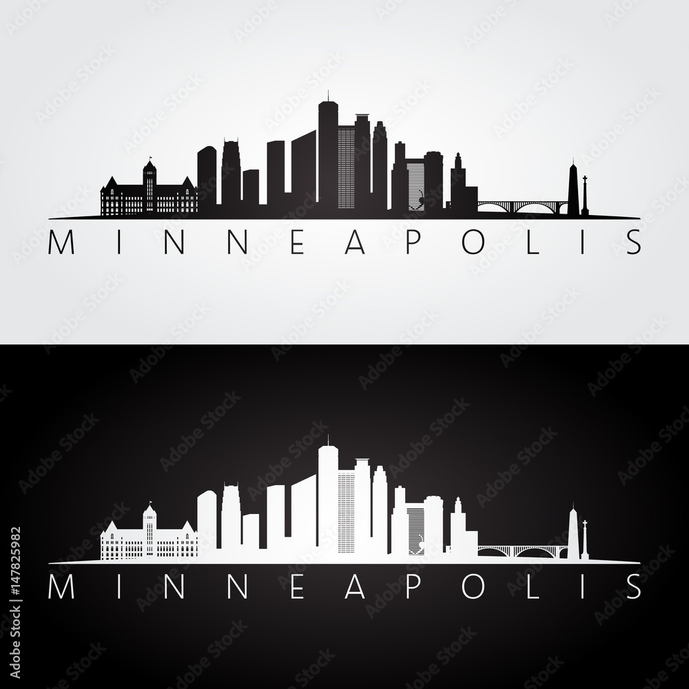 Minneapolis USA skyline and landmarks silhouette, black and white design.