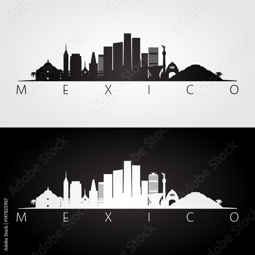 Mexico skyline and landmarks silhouette, black and white design.