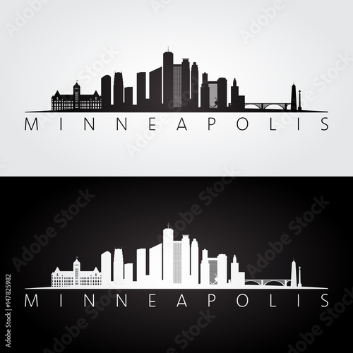 Minneapolis USA skyline and landmarks silhouette, black and white design.